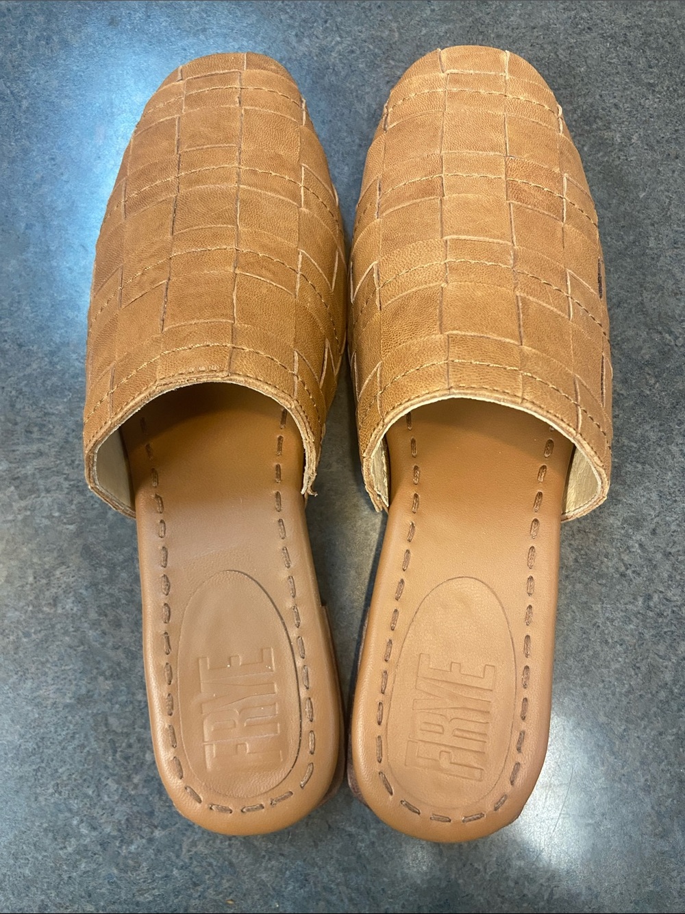 FRYE Woven Tan Slip-On Mules